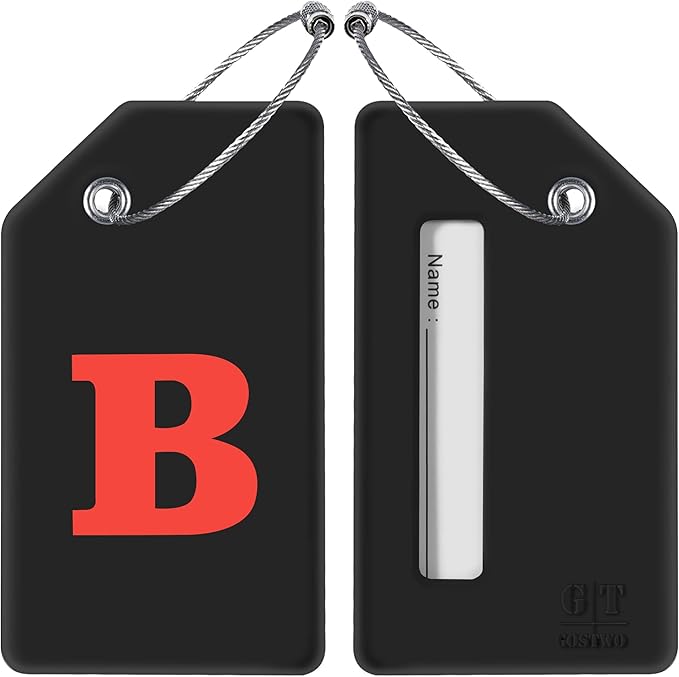 Gostwo 2 Pack Silicone Luggage Tags for Suitcases, 26 Initial Letter Baggage Labels Handbag School Bag Suitcase Instrument Tag with Stainless Steel Loop(Black)(Letter B)