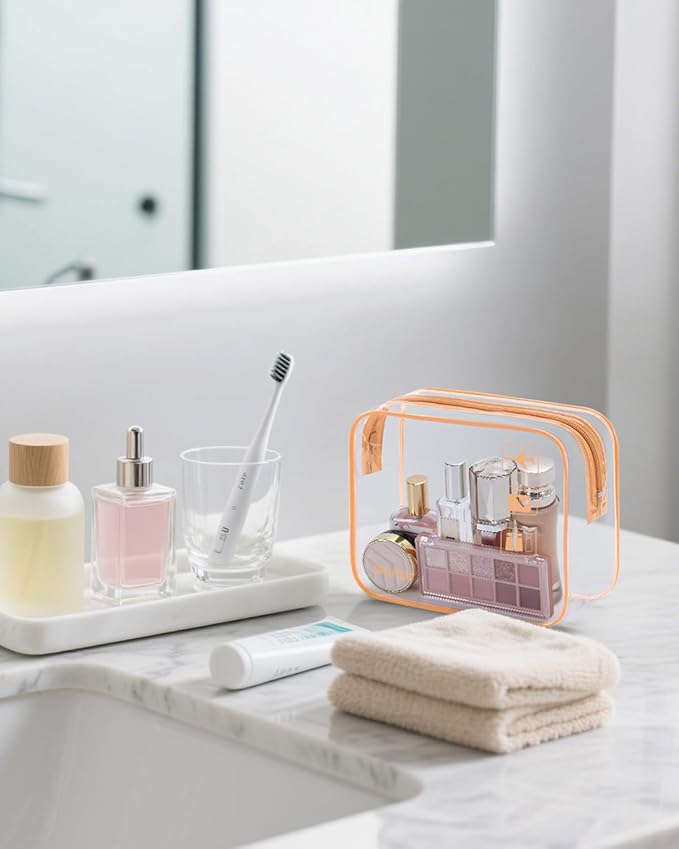 WANDF TSA Approved Toiletry Bag, 2 Packs Travel Clear Toiletry Bag, Quart Size Makeup Cosmetic Pouch with Zipper, Carry-On Airport Compliant Bag for Women and Men (2pcs Lotus Pink)