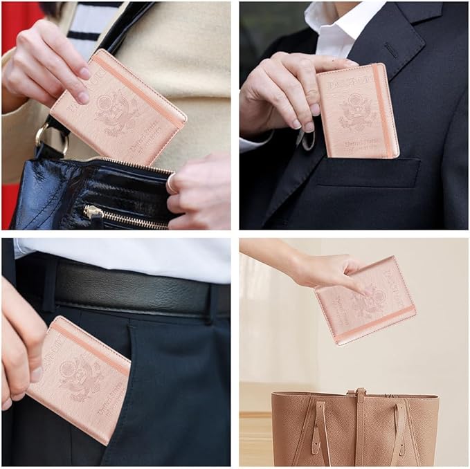 Passport Holder for Travel Essentials, Passport Cover Wallet Passport Holders for Women Men, PU Leather Passport Book Card Case with Pen Holder for Family Travel Must Haves Accessories, Rose Gold