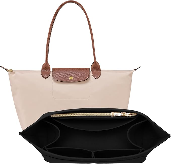OPPOSHE Purse Organizer Insert for Longchamp Le Pliage, Premium Felt Long Champ Bag Handbag Women, Tote Organizer Insert with 9 Compartments (Medium, Black)