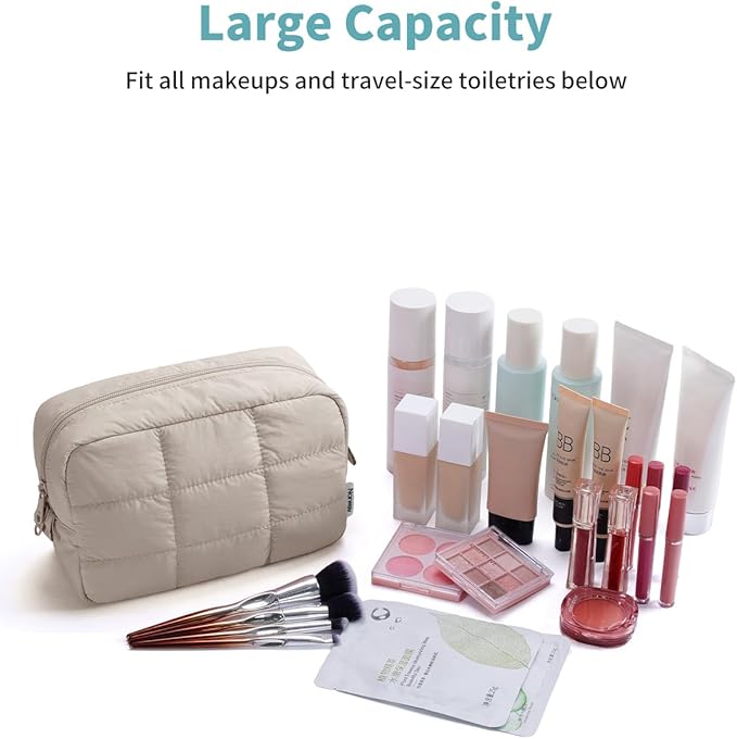 Narwey Quilted Makeup Bag for Women Girl, Puffer Travel Cosmetic Bag Puffy Make Up Bag Organizer, Cute Travel Toiletry Bag for Toiletries (Khaki)