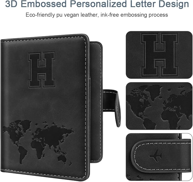 Passport Holder Wallet Cover Personalized Letter A-Z Travel Wallet RFID Blocking Passport Cover Wallet Case for Travel Passport Book Holders for Women and Men, Black-H