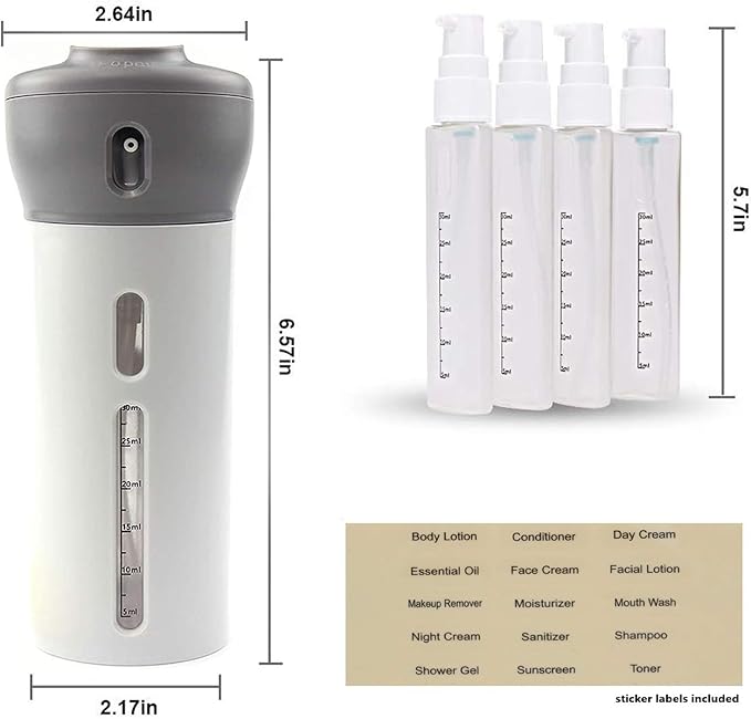 Travigo 4-in-1 Travel Dispenser Bottle, TSA Approved, Leak Proof, Four Reusable 1.4 oz. (40 mL) Toiletry Containers for Shampoo, Conditioner, Soap, Lotion, Skincare (Gray)