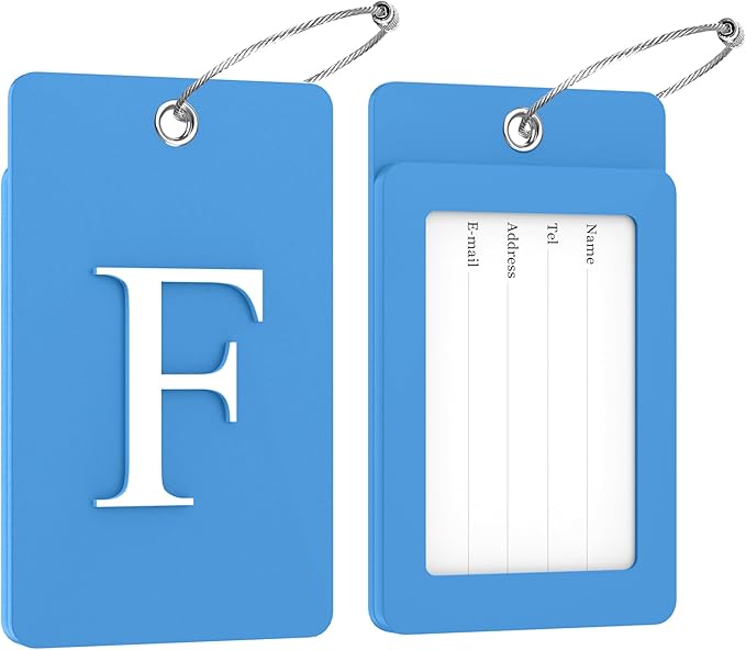 Gostwo 2 Pack Luggage Tags for Suitcases, 26 Initial Letter Travel Luggage Baggage Identification Labels ID Tag Fully Bendable Tags with Stainless Steel Loop (Blue) (Letter F)