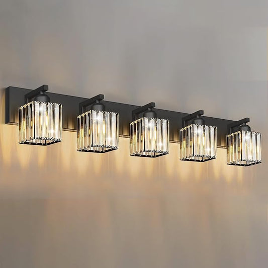 Black Crystal Bathroom Vanity Light, 5-Light Modern Bathroom Lighting Fixtures Over Mirror, Matte Black Wall Sconce Light Fixtures with Square Shade
