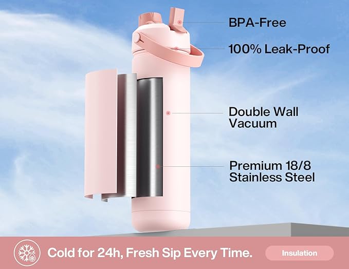 POWCAN 26 oz Insulated Water Bottle with 2-in-1 Straw and Spout Lid, Keep Cold 24H, Leak-Proof, Fits in Car Cup Holder, Stainless Steel Water Bottle for Sports, Travel, Gift, and School (Rosy Bouquet)