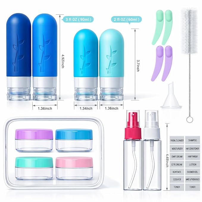 18pack Travel Bottles for Toiletries,TSA Approved Silicone Travel Containers jar for Toiletries,Leak Proof Refillable Liqus Shampoo And Conditioner Essentials toiletry