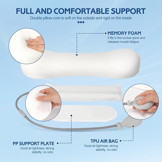 Inflatable Blow up Lumbar Support Pillow for Bed - Memory Foam Lower Back Pillow for Sleeping in Bed - Back Pain Relief While Sleep