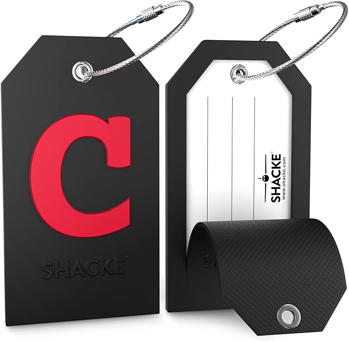 Shacke Large Luggage Tag Initial with Full Privacy Cover and Stainless Steel Loop - Black (Letter C)