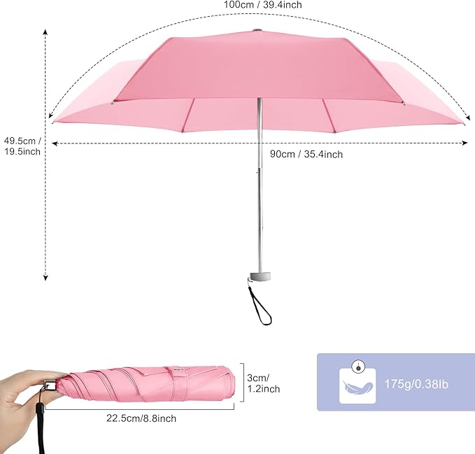 Lejorain Travel Mini Umbrella for Purse - Black Compact Durable Cool Teflon Light Weight Flat Backpacking Umbrella Portable Paraguas