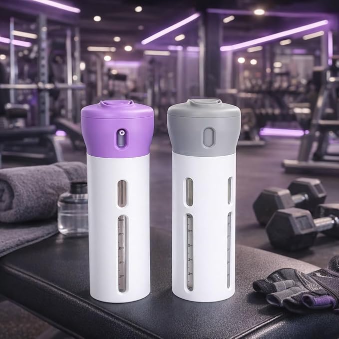 Travigo 4-in-1 Travel Dispenser Bottle Set, TSA Approved, Leak Proof, Reusable 1.4 oz. (40 mL) Toiletry Containers for Shampoo, Conditioner, Soap, Lotion, Skincare (2 Pack, Purple & Gray)