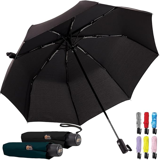 GORILLA GRIP Strong Windproof Stick Compact Umbrella for Rain, 2 PK, One-Click Automatic Open Close, Durable Quick Dry Waterproof Material, Lightweight, Travel Size Fits Backpack, Black Hunter Green
