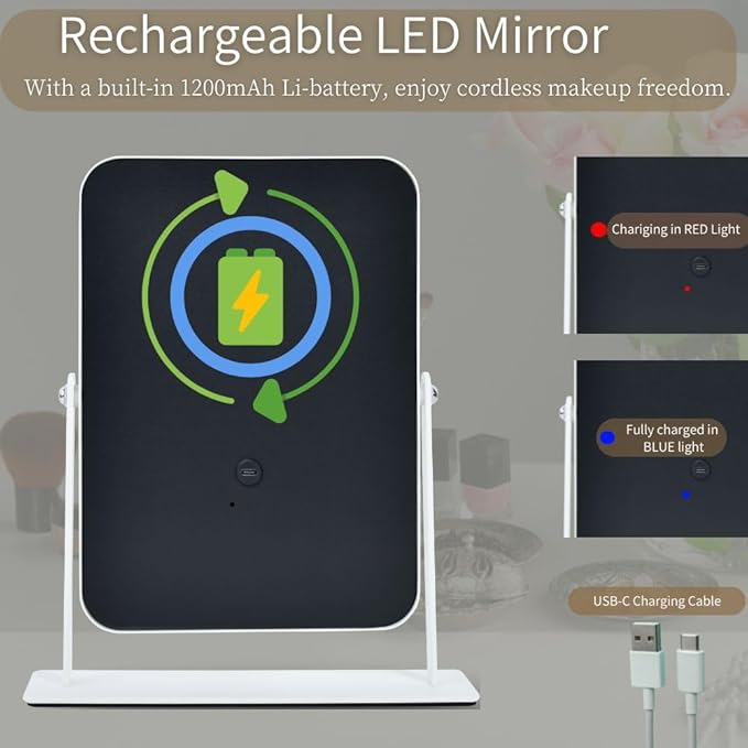 9"x11" Rechargeable Desktop Makeup Mirror with LED Lights, Adjustable Brightness Lighted Vanity Mirror, Tabletop Mirror for Bedroom, Gifts for Women with 3-Color Smart Touch Dimmable Lighting