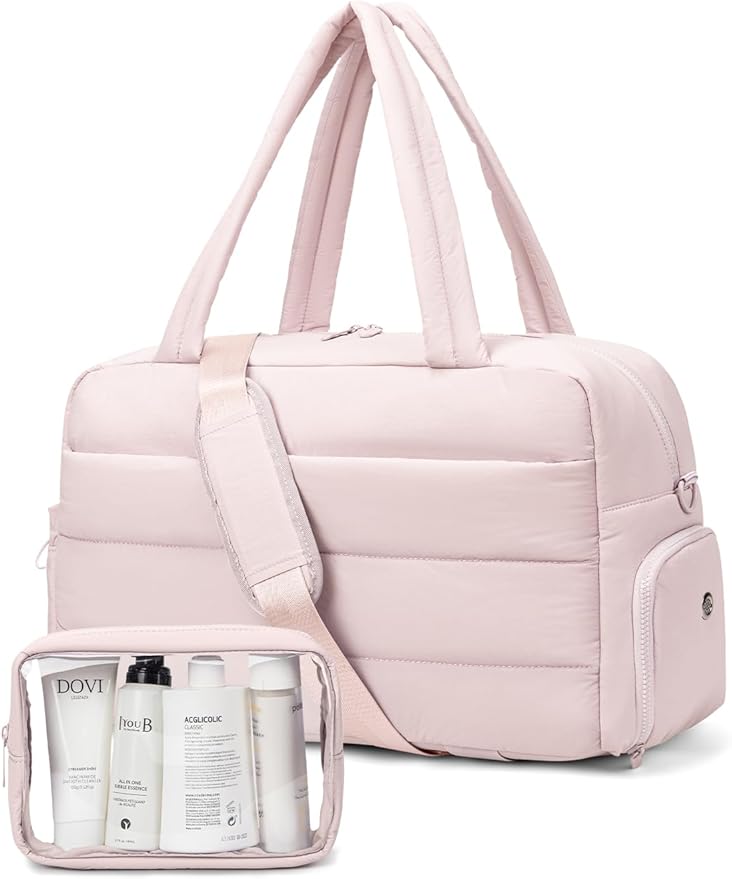 Gitus Carry On Duffle Gym Bag for Women Puffer Weekender Overnight Duffel Bag for Travel with Clear Toiletry Pouch Sport Yoga Fitness Essentials Gifts (Lightpink)