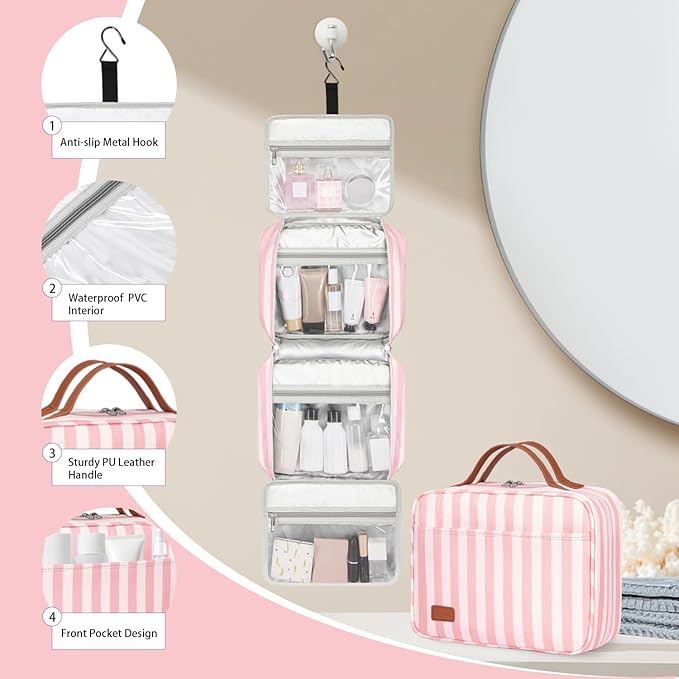 Bosidu Hanging Travel Toiletry Bag,Large Capacity Cosmetic Travel Toiletry Organizer for Women with 4 Compartments & 1 Sturdy Hook,Perfect for Travel/Daily Use/Christmas