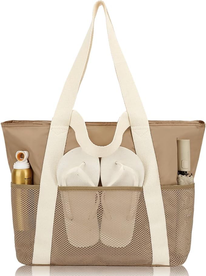 Fammart Mesh Beach Bag, Large Beach Tote with Zipper Pocket, Toys Pool Bag for Family Travel Vacation Cruise Essentials