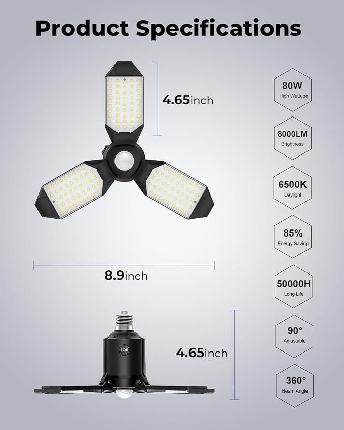 toberich 4 Pack Motion Sensor Garage Lights, 8000LM Shop Light 6500K | 3 Modes, 3 Deformable Panels, Indoor Motion Activated Light Bulb for Garage Workshop Laundry Room Basement