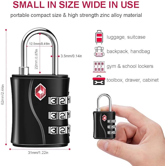 ZHEGE TSA Luggage Lock for Train 4 Pack, 1 Cable (30 Inch), Travel Lock for Backpack, Suitcase, School Gym Locker (Black, 4 Pack)