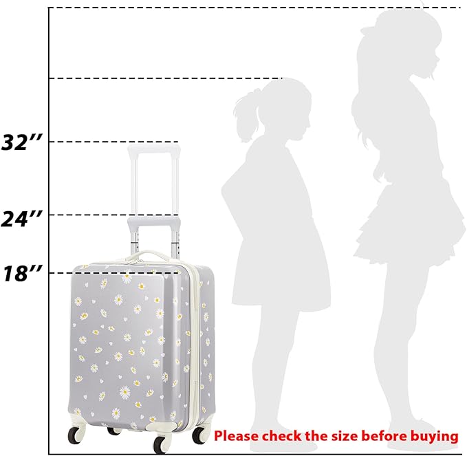 Redbaker 17 Inch 6 Pcs Kids Luggage Set Kids Rolling Luggage Double Pattern Suitcase for Boys Girls (Grey, Daisy Style)