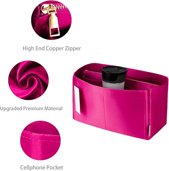 ZTUJO Purse Organizer Insert For Handbags, Purse Organizer With Zipper, Neverfull Organizer, Bag Organizer For Speedy Neverfull ONTHEGO Tote, Handbag and More (Silky Rosy, Mini)