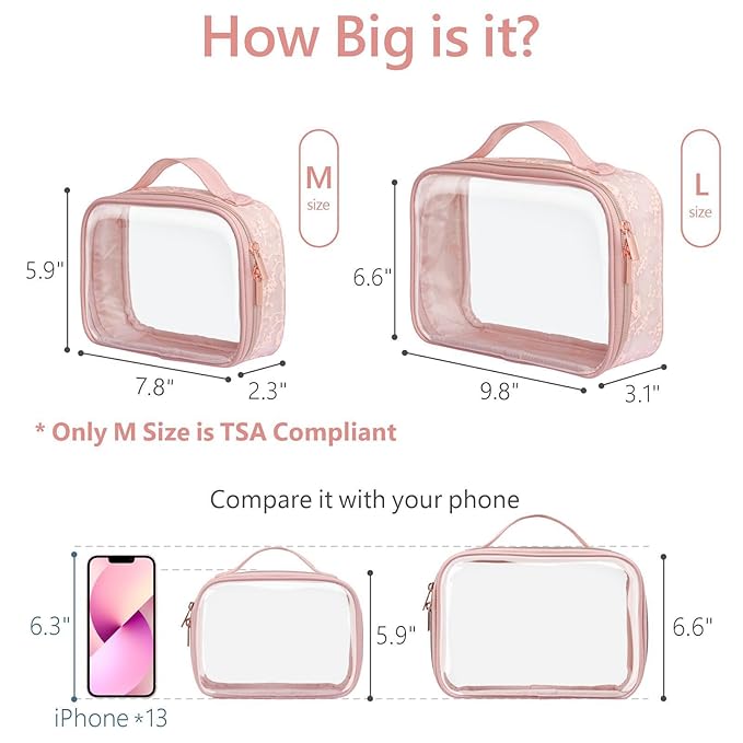 PACKISM Stylish TSA Approved Toiletry Bag Set, Floral Lace, Clear Makeup Bag with Handle, 1 TSA Medium & 1 Large for Travel, Gift for Women, Pink