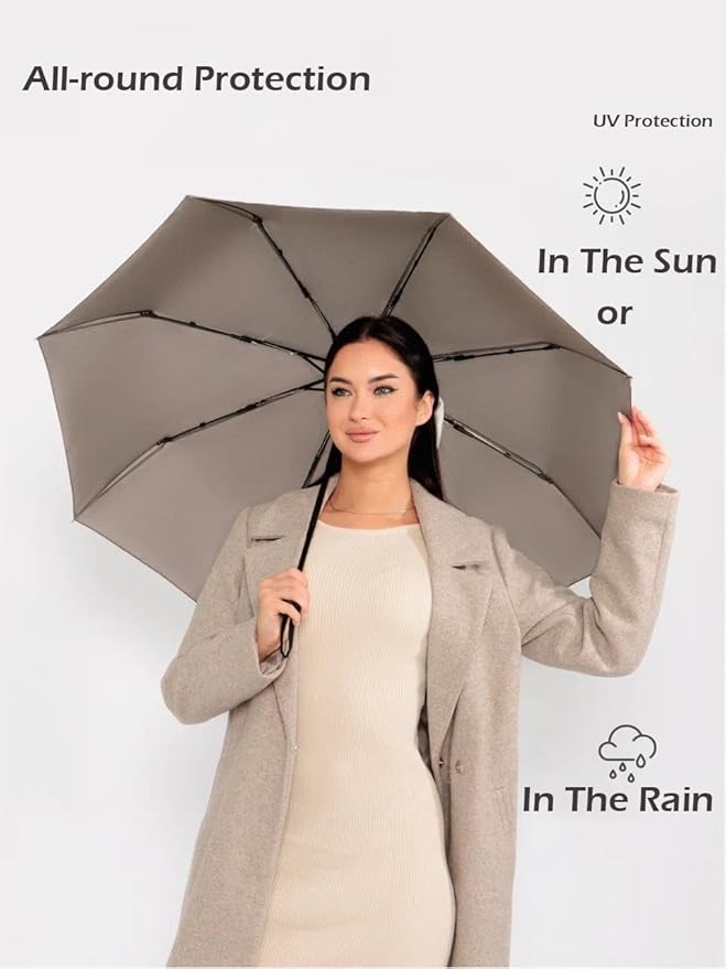 Windproof Travel Umbrella - Compact, Light, Full Automatic Open/Close - Folding Backpack Umbrella for Rain & Sun UV Preotection For Men & Women, Unbreakable 8 Fiberglass Ribs UK Design