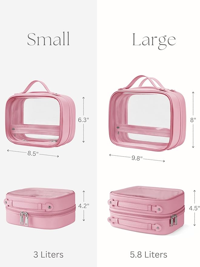 Clear Cosmetic Bag Double Layer Travel Toiletry Bag Clear Makeup Bag Case with 4 Compartments, Transparent Travel Bag for Toiletries, Large Toiletry Bag for Women Cosmetic Case (Pink, Large)