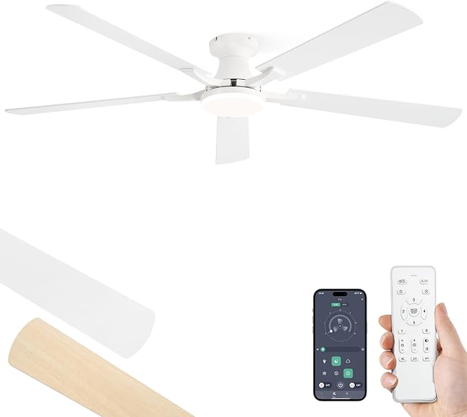 ZMISHIBO 60 Inch Ceiling Fans with Lights, Remote&App Control, Flush Mount | Low Profile, Dimmable 20W LED Light, Quiet Reversible Motor, Strong Airflow, Easy Install for Bedroom/Living Room/Apt, White