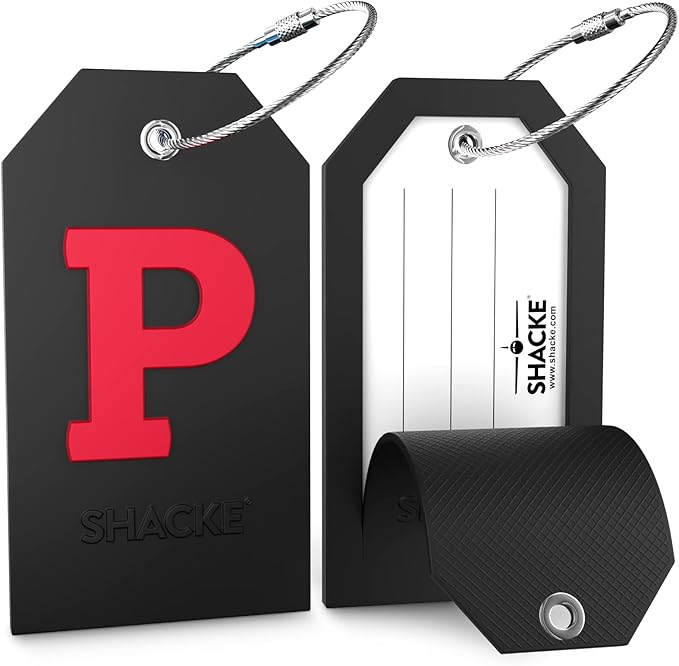 Shacke Initial Luggage Tag with Full Privacy Cover and Stainless Steel Loop - Black (Letter P)