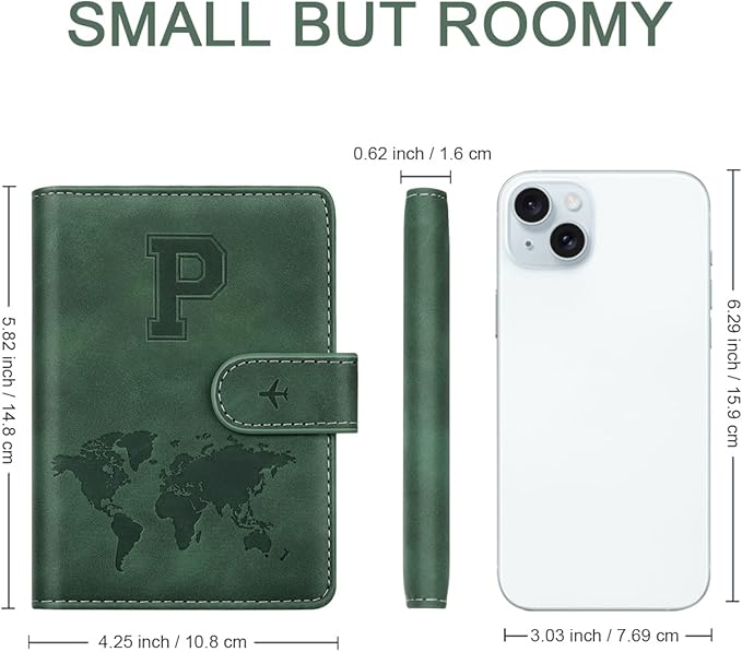 Personalized P Passport Holder Cover Initial Letter Travel Wallet RFID Blocking Passport Cover Credit Card Holder Case Passport Book Holders for Women and Men, Pine Green-P
