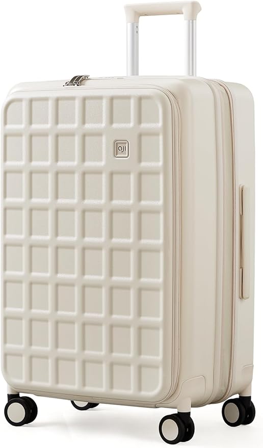 aji Expandable Top Opening 28 Inch Checked Luggage with Spinner Wheels, Large Suitcase with TSA Lock, Hard Shell Travel luggage Suitcases for Men Women, for 25+Days Travel, Coconut White