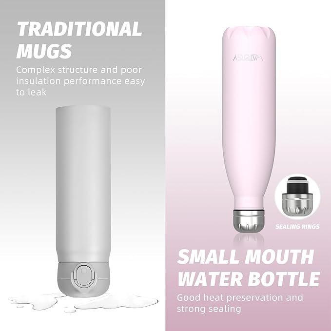 WATERSY Stainless Steel water bottles,17oz/500ml Insulated Water Bottles,Pink metal water bottle Keeps Drink Cold and Hot,BPA Free kids water bottles for School,Gym,Travel,Sports