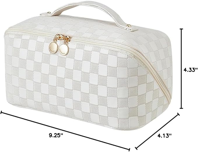 EACHY Travel Makeup Bag, Large Capacity Cosmetic Bag for Women, Waterproof PU Leather, Flat Open Portable Toiletry Bag for Skincare, Brushes & Travel Essentials
