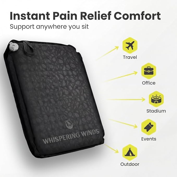 Whispering Winds Inflatable Seat Cushion - Comfortable Blow-up Foam Pad for Airplane, Travel, Stadium, Outdoors, Camping, Car & More