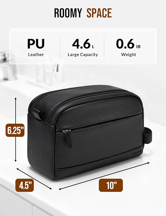PU Leather Toiletry Bag for Men - Water Resistant Travel Bag for Toiletries, Bathroom Essentials, Accessories - Black