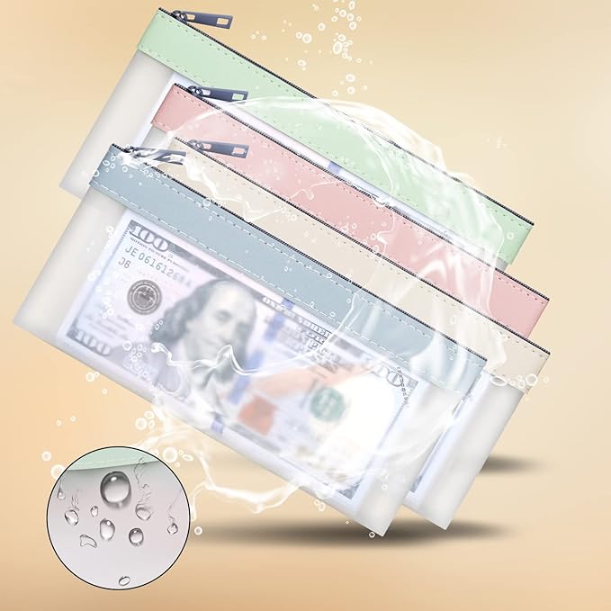 VOCHIC 4-Piece Multi-Purpose Money Bag - Money Bags with Zipper, Money Pouch Set 7.6 X 3.7 Inch, Clear Zipper Cash Envelopes, Bank Deposit Bags for Coins, Invoice, Makeup Bills Receipts Tool Storage
