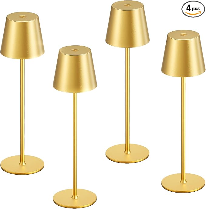 Kakanuo Cordless Table Lamp Rechargeable Gold - KK 4 Pack Battery Operated Lamp for Dining Table, 3 Color Stepless Dimming Wireless Lamp for Counter, Outdoor Patio, Touch Control