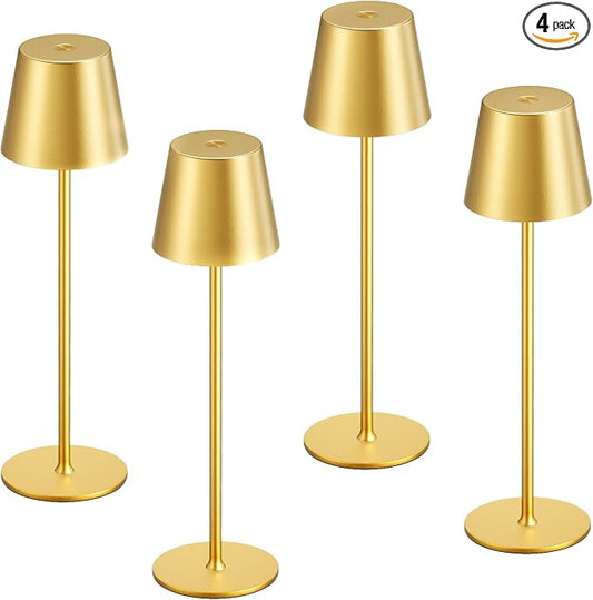 Kakanuo Cordless Table Lamp Rechargeable Gold - KK 4 Pack Battery Operated Lamp for Dining Table, 3 Color Stepless Dimming Wireless Lamp for Counter, Outdoor Patio, Touch Control