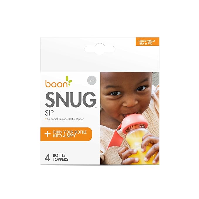 Boon Snug Sip Universal Water and Juice Silicone Bottle Toppers - Soft Spout Conversion Caps with Spill Proof Valves - Silicone Bottle Covers for Travel - Includes 4 Toppers and 4 Cases