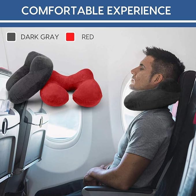 Inflatable Travel Pillow for Airplane Inflatable Neck Pillow for Traveling with Soft Velvet Washable Cover for Sleeping, Airplane,Train, Car, Office, Contoured Eye Masks, Earplugs (Dark Gray)