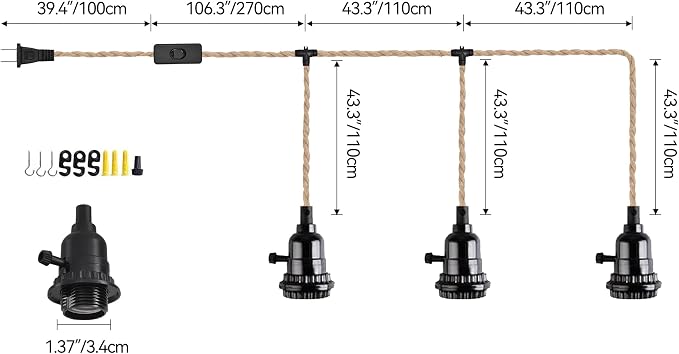 3-Light Hanging Light with Plug in Cord,Plug in Pendant Light 22ft Hemp Rope Pendant Lighting Vintage 3-Light Hanging Lamp Fixtures for Kitchen Island Living Room Bedroom