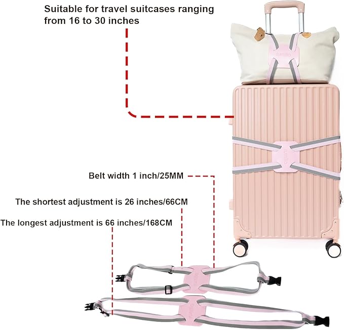 Luggage Straps for Suitcases, Travel Accessories to Connect Two Suitcase, Add A Bag Luggage Strap for Carry On Luggages Adjustable Buckle Belt (Grey/Pink-1pcs)