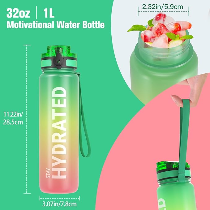 Sahara Sailor Water Bottle, 32/25/17oz Durable and Leakproof Water Bottles Motivational with Time Marker, Tritan, BPA Free, Wide Mouth with Easy Clean Brush for Gym, Travel, School, Office (1 Bottle)