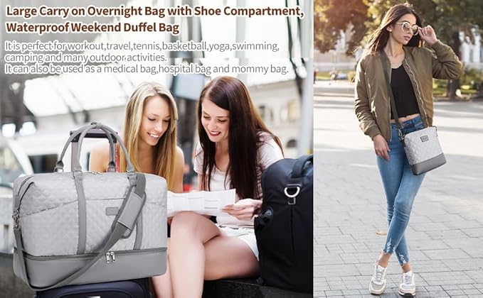 Weekender Bag, Large Travel Duffel Bag for Women, Carry on Overnight Bag with Shoe Compartment and Toiletry Bags