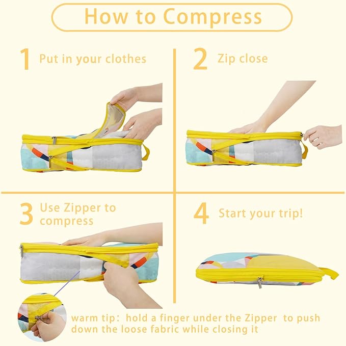 6 Pcs Compression Packing Cubes for Travel, Waterproof Luggage Organizer Washable Storage Bags Set - Packaging Cubes for Backpack Travel and Carry-Ons