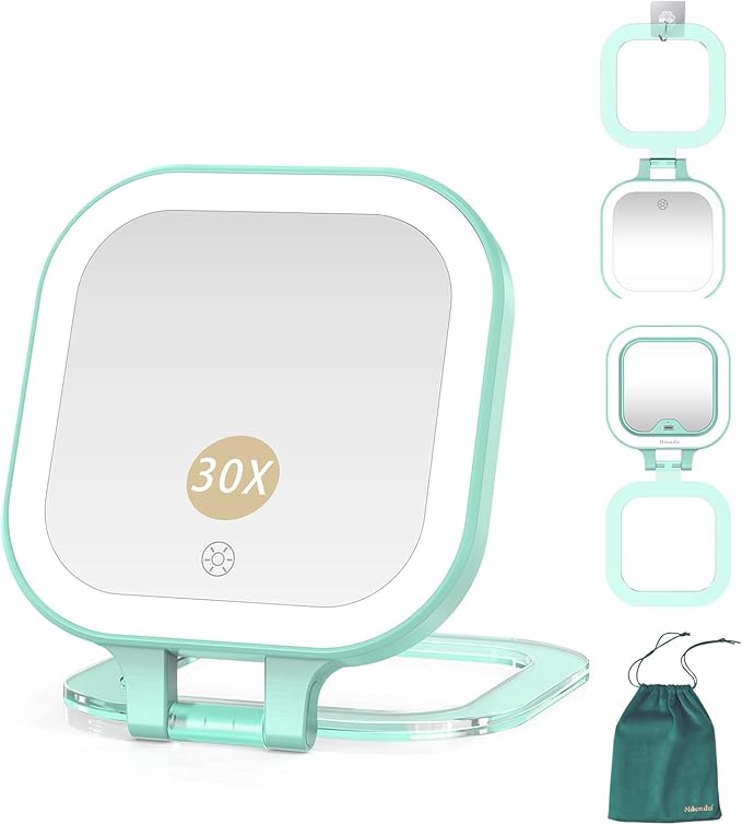 Mocado Compact Travel Makeup Mirror, 1X/30X Magnifying Mirror with Light, Double Sides Compact Mirror with 3 Color Light, Dimmable Handheld Mirror, Rechargeable Travel for Purse,Pocket(Green)