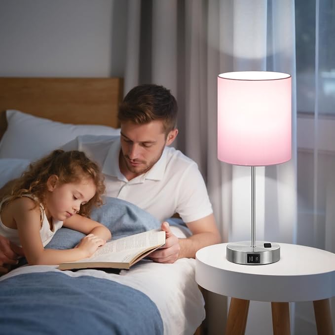 17.6" Pink Touch Lamps for Bedroom Set of 2 - Dimmable, USB C+A, AC Outlet | Large 17.6" Tall Lamp, 3-Way Dimming, 5000K Daylight Bulbs, Pink Lampshade Silver Base, Decor for Living Room, Boys, Girls