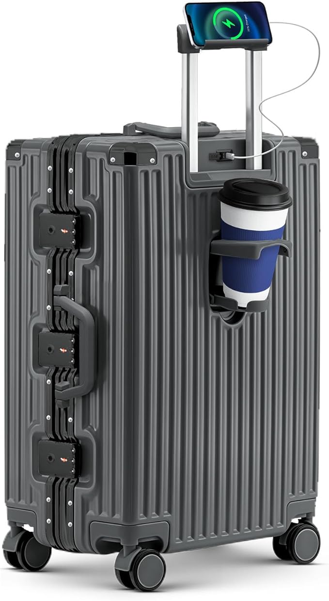 Zipperless Suitcase, 28 Inch Checked Luggage, Hardshell Aluminum Frame Polycarbonate Luggage with Phone Holder, Cup Holder, Charging Port, TSA Lock, Spinner Wheels for Vacations, Grey