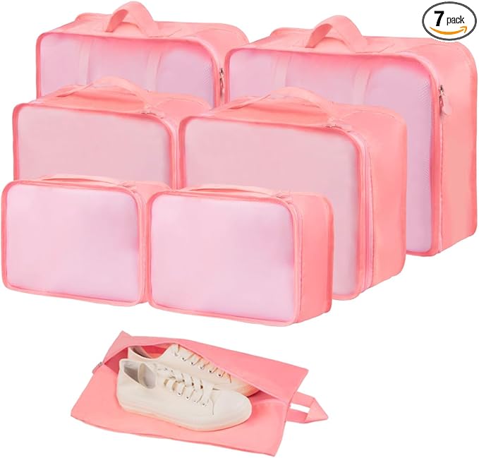 Packing Cubes, 7 Pcs Travel Packing Organizers for Suitcases, Large Capacity Travel Luggage Organizer Set includes 7 Storage Bags, Travel Essentials for Women or Men (Pink)