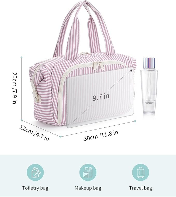 Narwey Travel Toiletry Bag for Women, Wide Open Large Makeup Bag, Cosmetic Bag Make Up Organizer with Handle, Wet Pocket for Towel, Travel Bag for Toiletries, Brushes, Essentials (Dusty Pink Stripe)